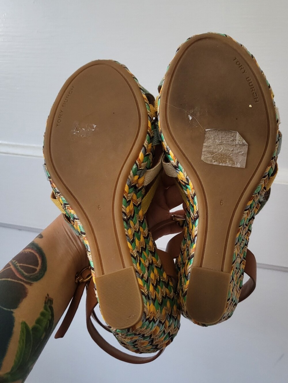 Tory Burch Strappy Leather Woven Wedge Heels Sandals Multicolor Size 6 - Picture 8 of 8